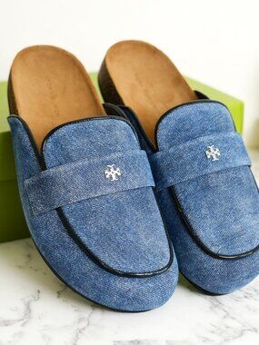 Tory Burch Everly Cork Mule Shoes in Dark Denim Size 8 NIB